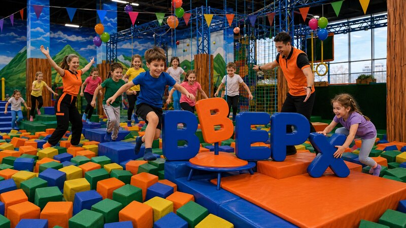 Весёлая детская эстафета с аниматорами и мягкими препятствиями в парке Вверх