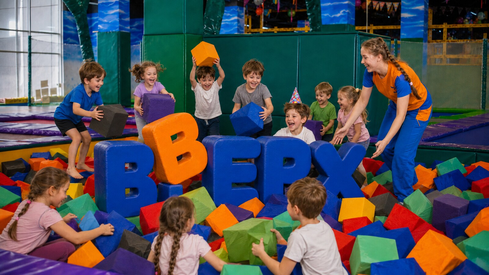Дети 5–7 лет играют с двумя аниматорами в мягкой зоне парка Вверх