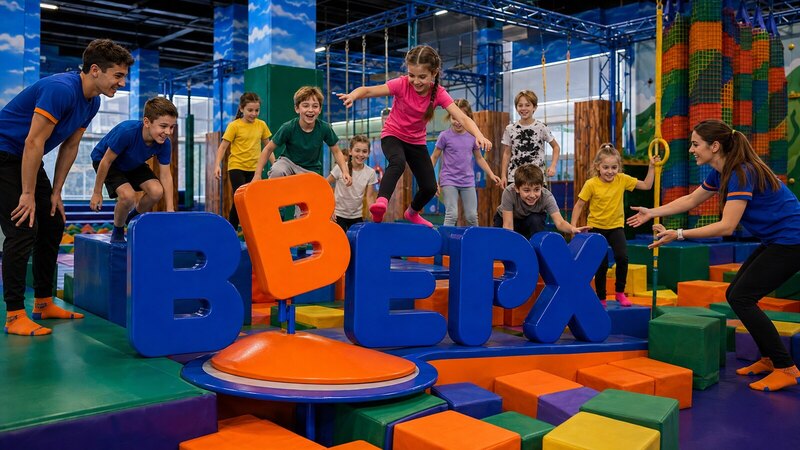 Дети 8–10 лет проходят командный маршрут с аниматорами в парке Вверх
